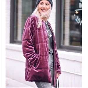 Who What Wear Small Purple Velvet Quilted Zip Up Long Bomber Jacket Coat in EUC